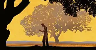 A crop of the cover of East of Eden. The illustration depicts a man standing below a tree. He appears to be looking at his open palms.