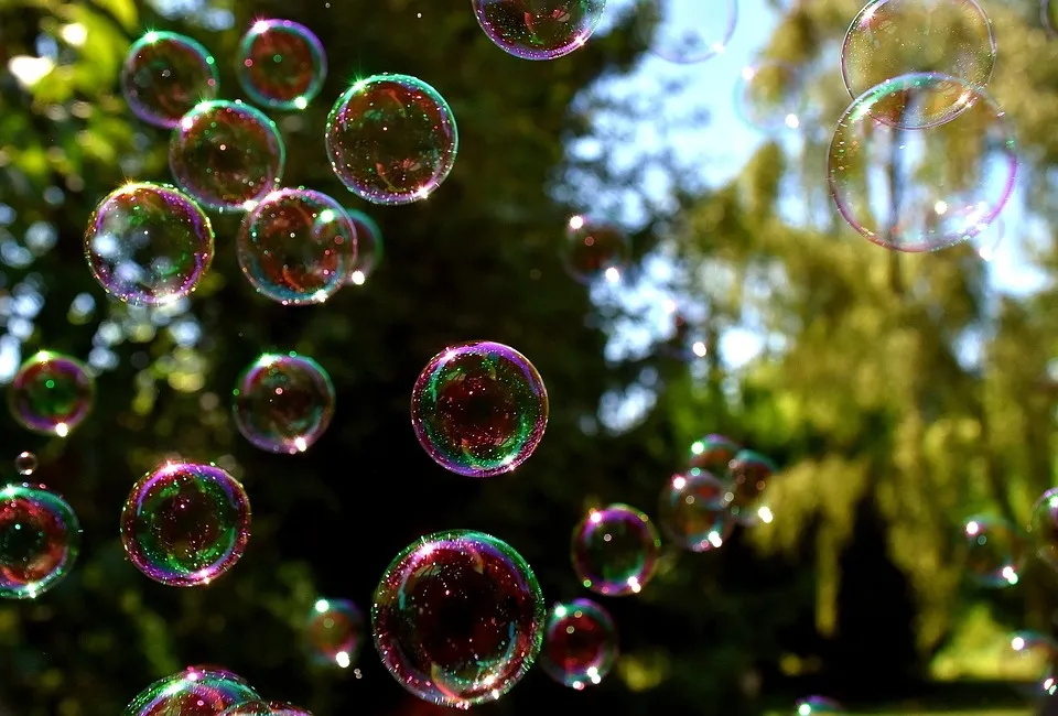 Soap bubbles float in the air in front of some trees. The sun shines through them.