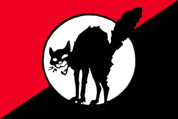 A silhouette of an arched black cat on a red and black diagonal background. The cat appears alert, conveying a sense of defiance or readiness.