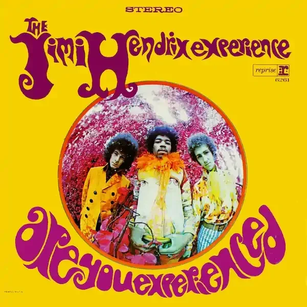 Album cover of Are You Experience by The Jimi Hendrix Experience. There is a fish-eye style photo of the three band members. The color theme is purple on yellow.
