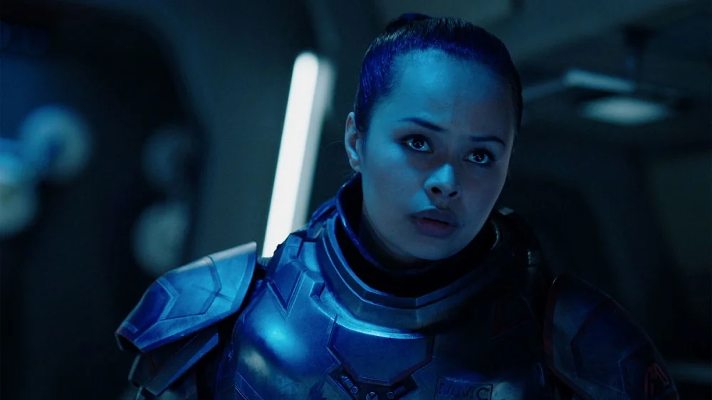 Image shows TV character Bobbie Draper in her Mars Marine battle armor.