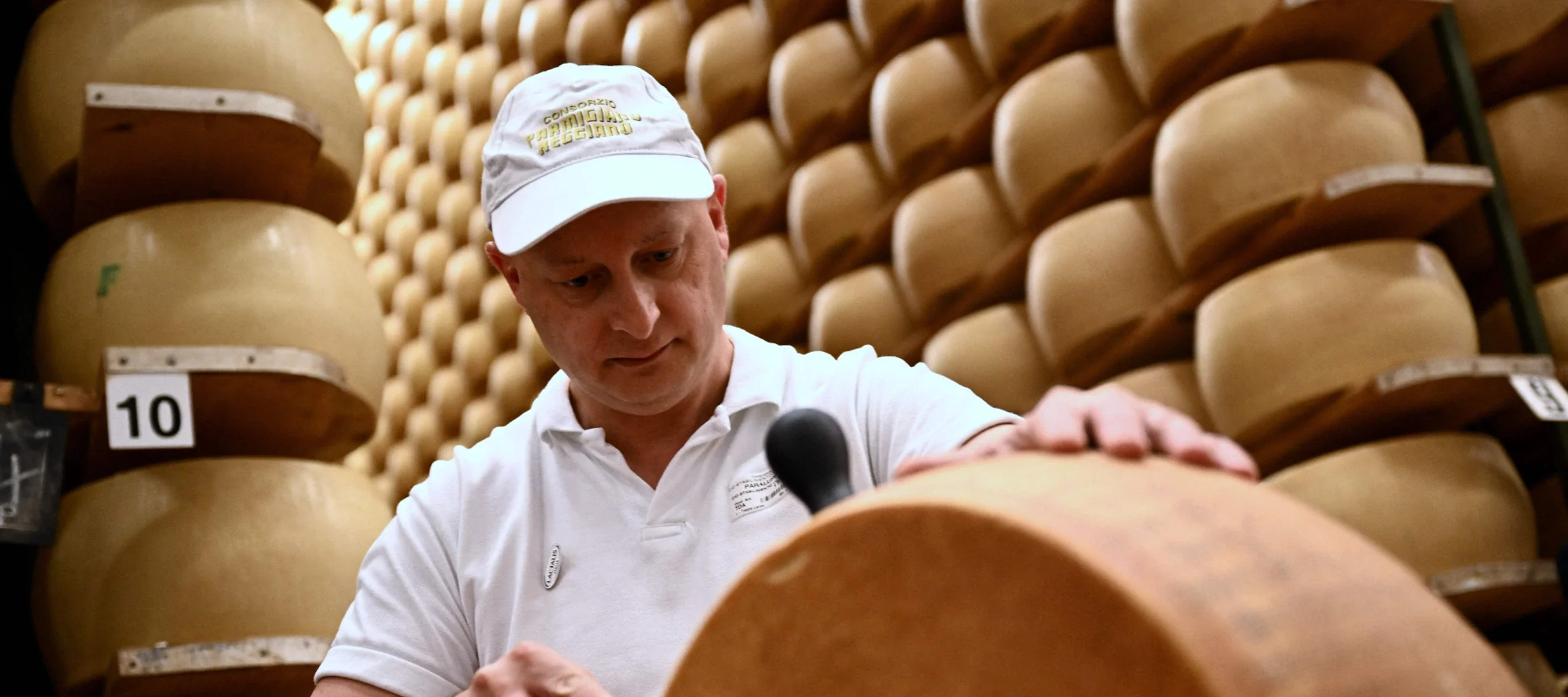 A man in a "Consorzio Parmigiano Reggiano" cap inspects a wheel of cheese, with rows of aging Parmesan wheels stacked behind him.
