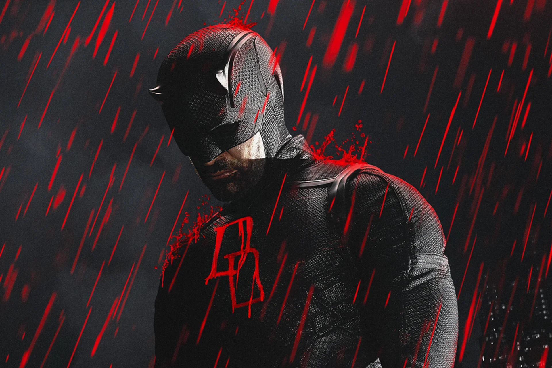 A superhero in a black textured suit with horned mask stands in the rain, highlighted by red streaks. The scene conveys intensity and determination.