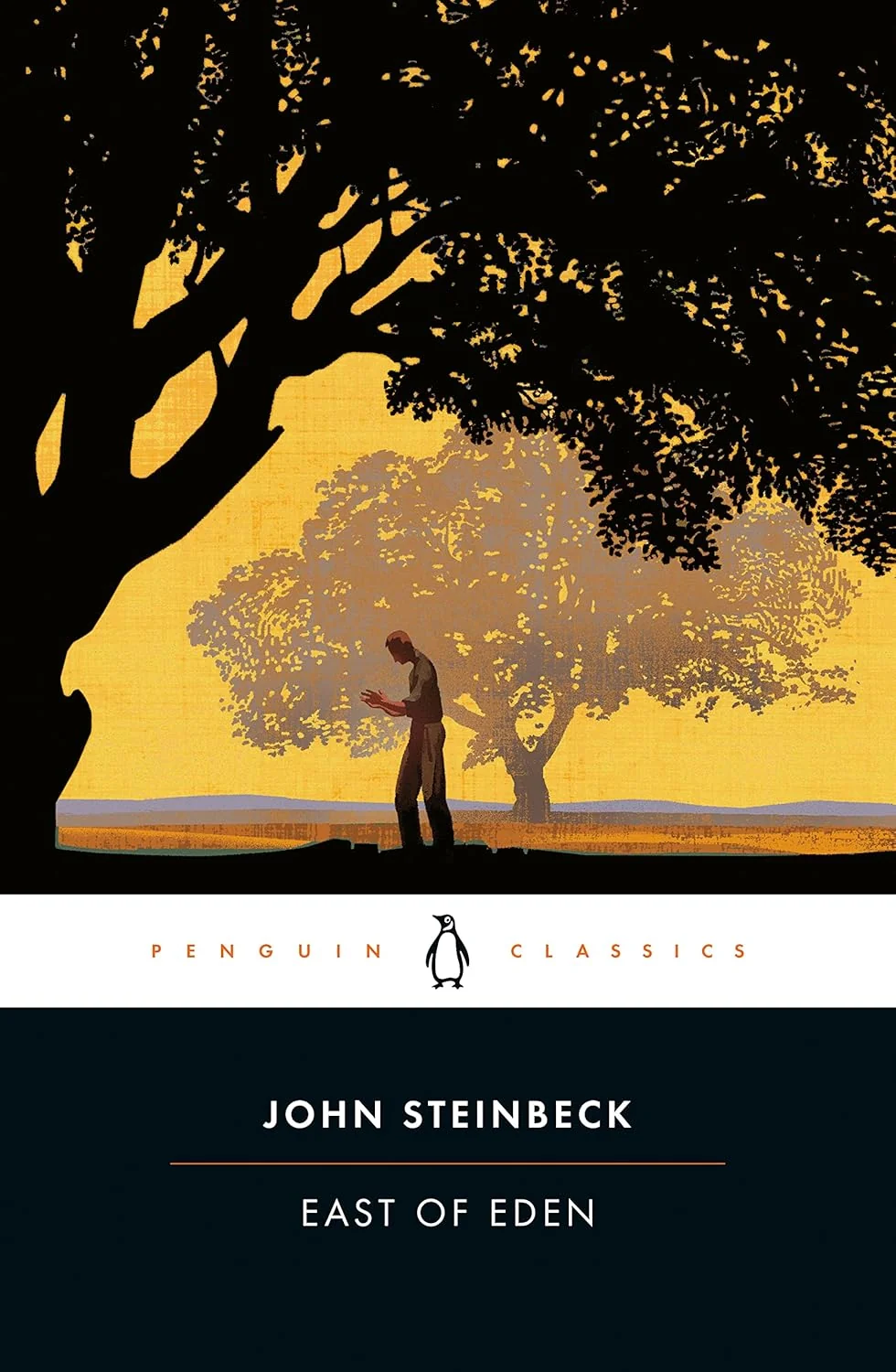 Cover of "East of Eden" by John Steinbeck. A silhouette of a man stands under a large tree at sunset, evoking solitude and introspection.