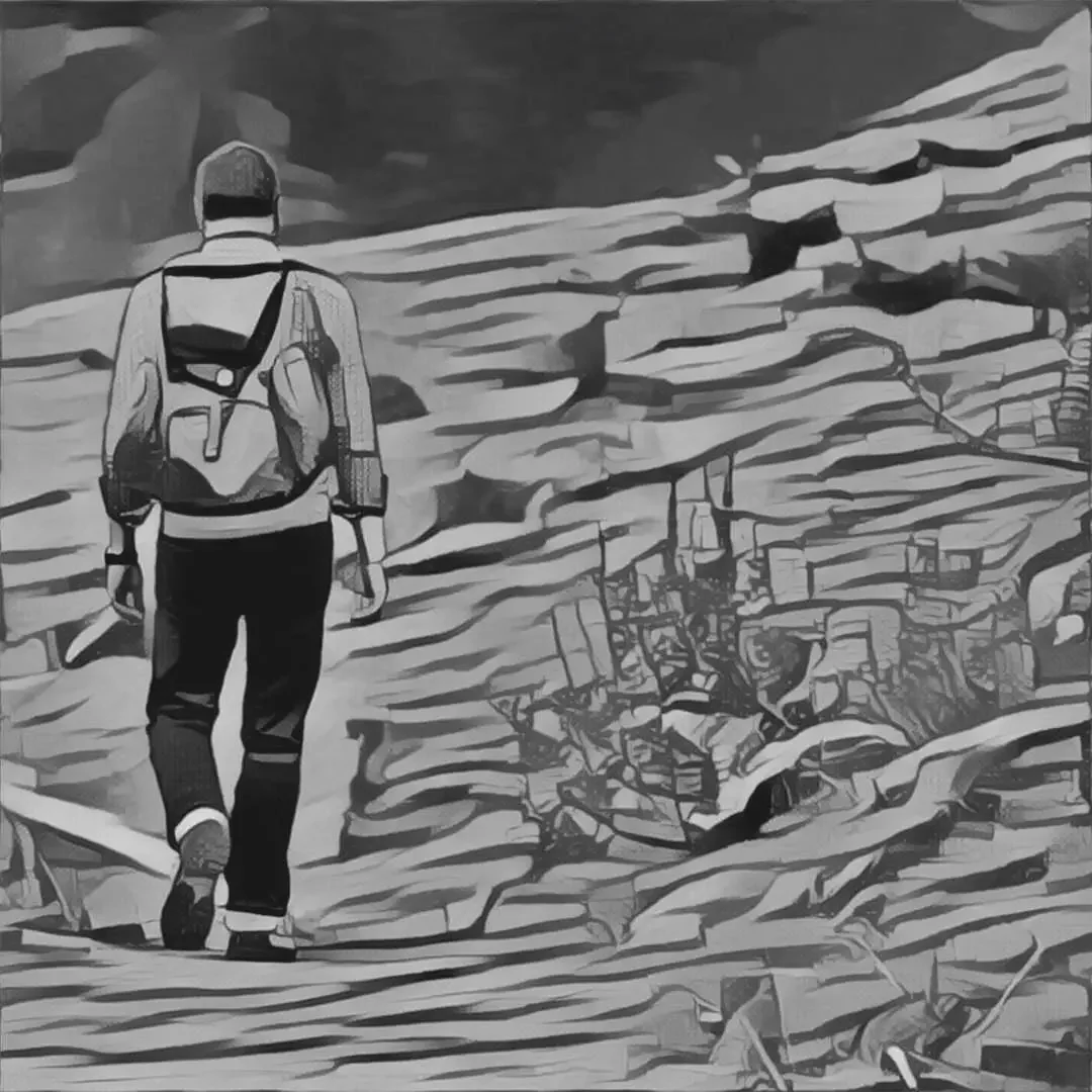 Stylized black and white drawing of a man with a backpack walking away along a trail.