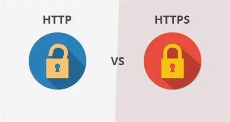 Illustration comparing HTTP and HTTPS. Left: blue circle with open lock labeled "HTTP." Right: red circle with closed lock labeled "HTTPS." Represents security.