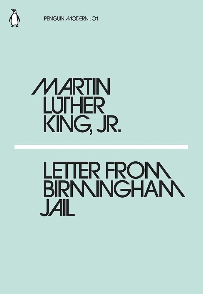 Light blue book cover titled "Letter from Birmingham Jail" by Martin Luther King Jr. in bold black text, with a Penguin Modern logo above.