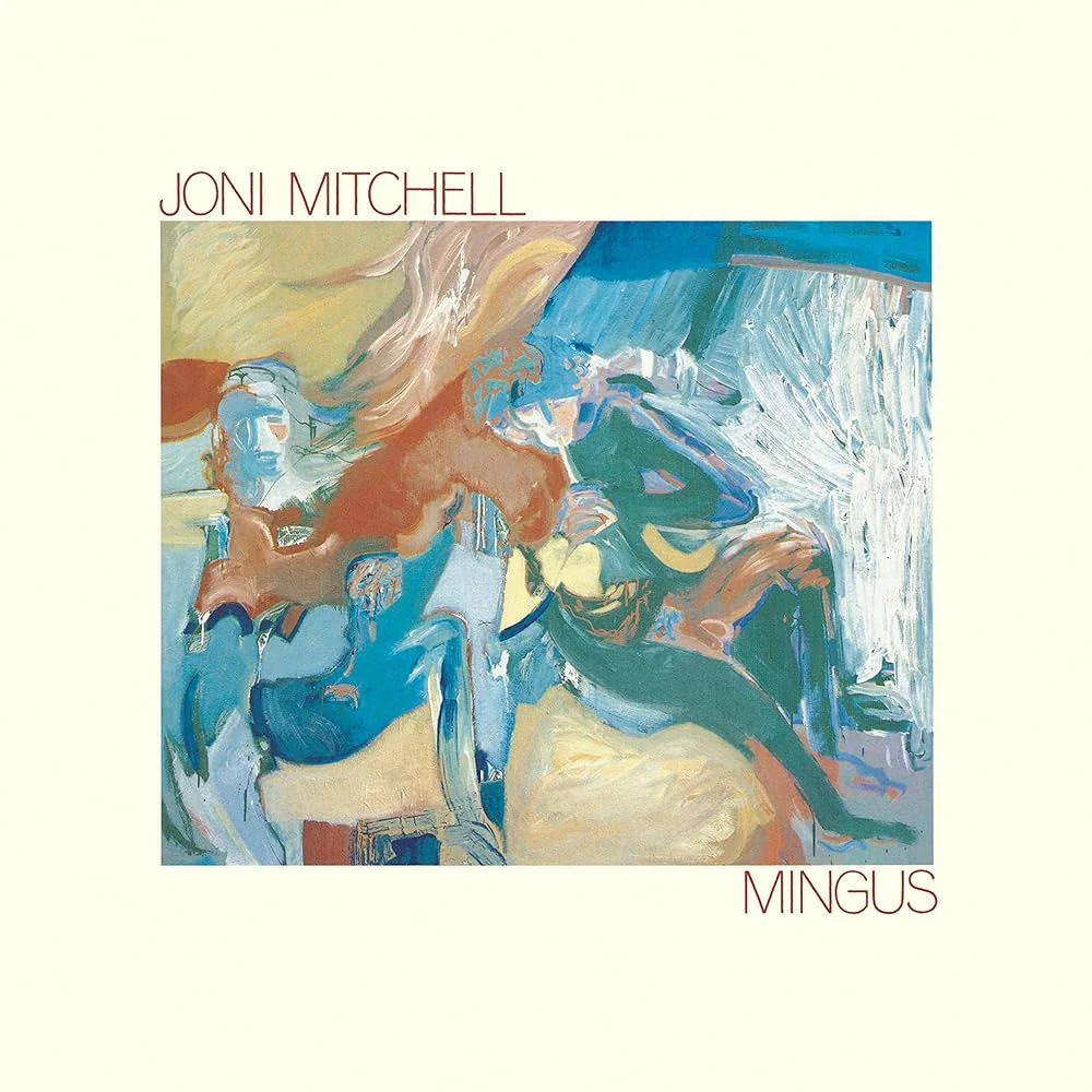 Abstract cover art of an album with swirling blue, orange, and white hues. The title "Joni Mitchell Mingus" is written in the top corners.