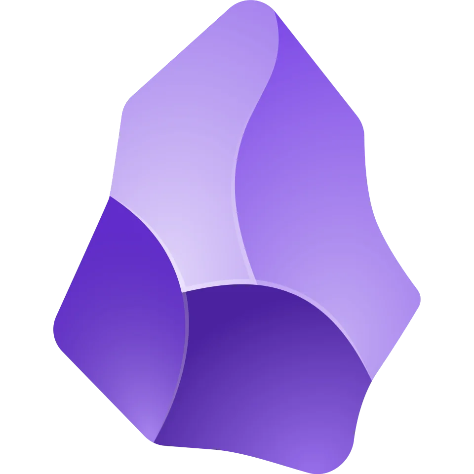 Obsidian logo is an abstract purple geometric shape with gradient shading, resembling a faceted crystal, set against a black background. The tone is modern and sleek.