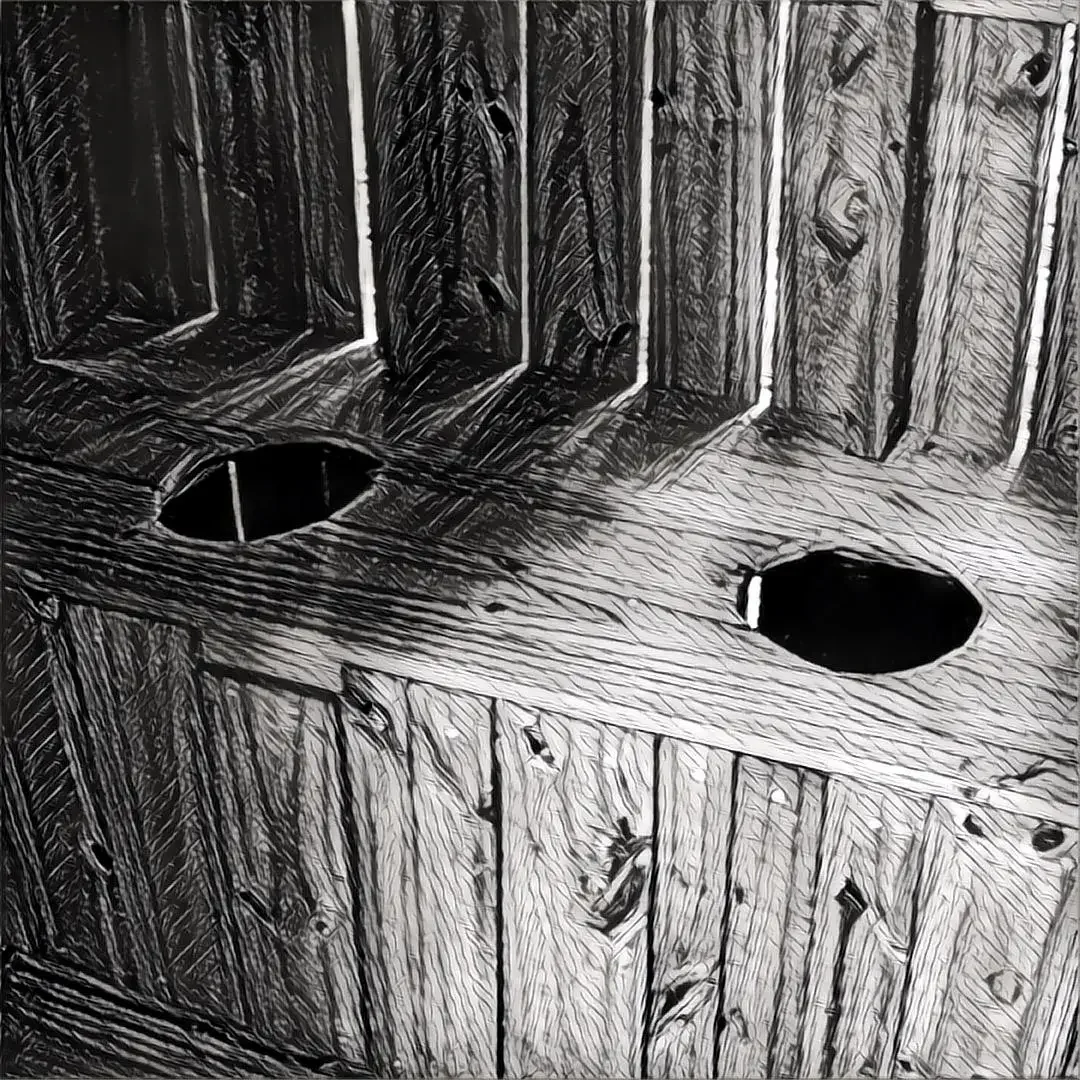 Black and white drawing to the seat inside an outhouse.