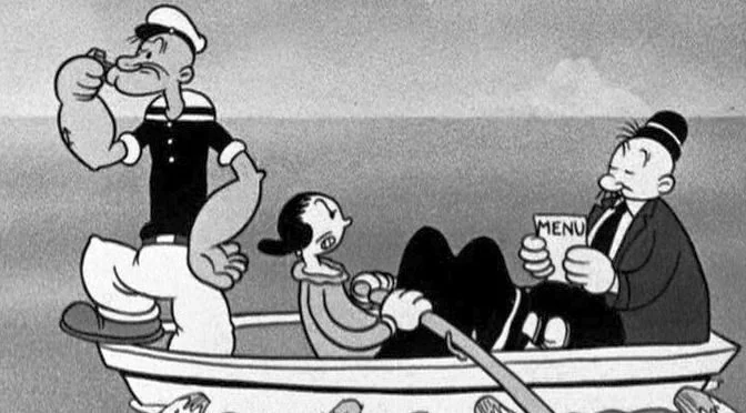 Cartoon scene of three characters in a boat: Popeye eating spinach, Olive Oyl rowing, and Wimpy in a suit holding a menu, all in black-and-white.