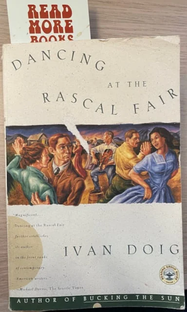 Cover of "Dancing at the Rascal Fair" by Ivan Doig, showing people dancing in period clothing. The tone is lively and nostalgic.
