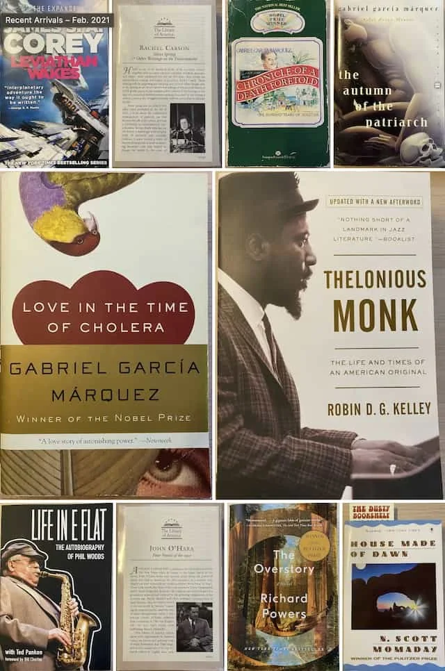 Mosaic of book covers. Leviathan Awakes, Rachel Carson LOA Collection, Chronicles of a Death Fortold, Love in the Time of Cholera, Thelonious Monk: Life and Times, Life in E Flat, John O'Hara LOA Novels, The Overstory, and House Made of Dawn.