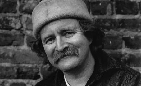 Black and white photo of Richard Brautigan. Mustache and Russian looking hat.