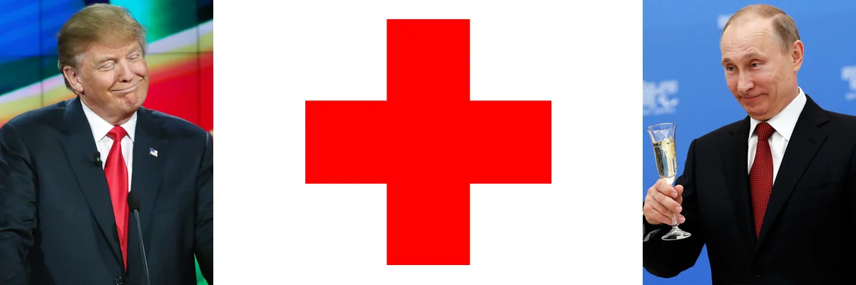 Images of Trump and Putin separated by the American Red Cross symbol.