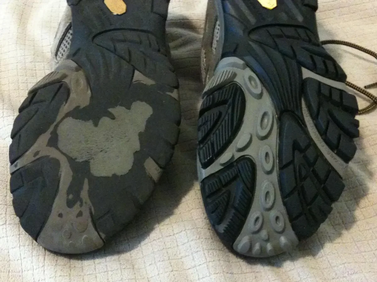 View of the soles of my Merrill shoes old vs. new.