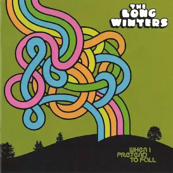 Cover of Album When I Pretend to Fall, drawing depicts a squiggly rainbow landing on a hill.